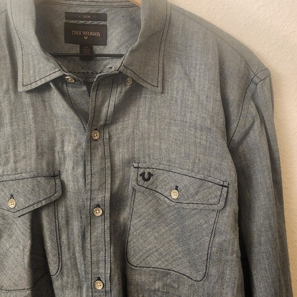True Religion Slim Herringbone Button Down Long Sleeve Shirt Mens Large - Picture 2 of 10